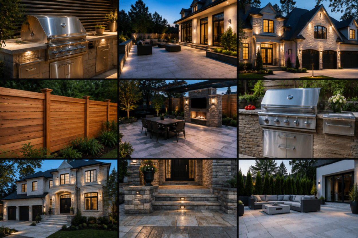 Luxury GTA properties — outdoor kitchens, cedar fencing, stone patios and premium metalwork restored by APEX